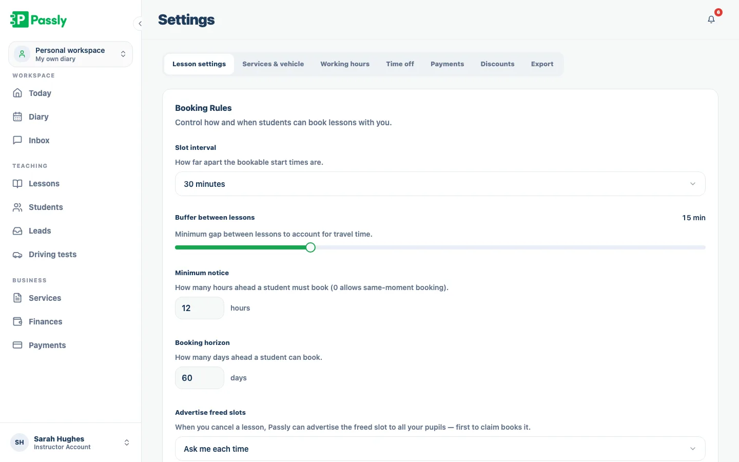 Settings screen listing bookable services with durations and prices