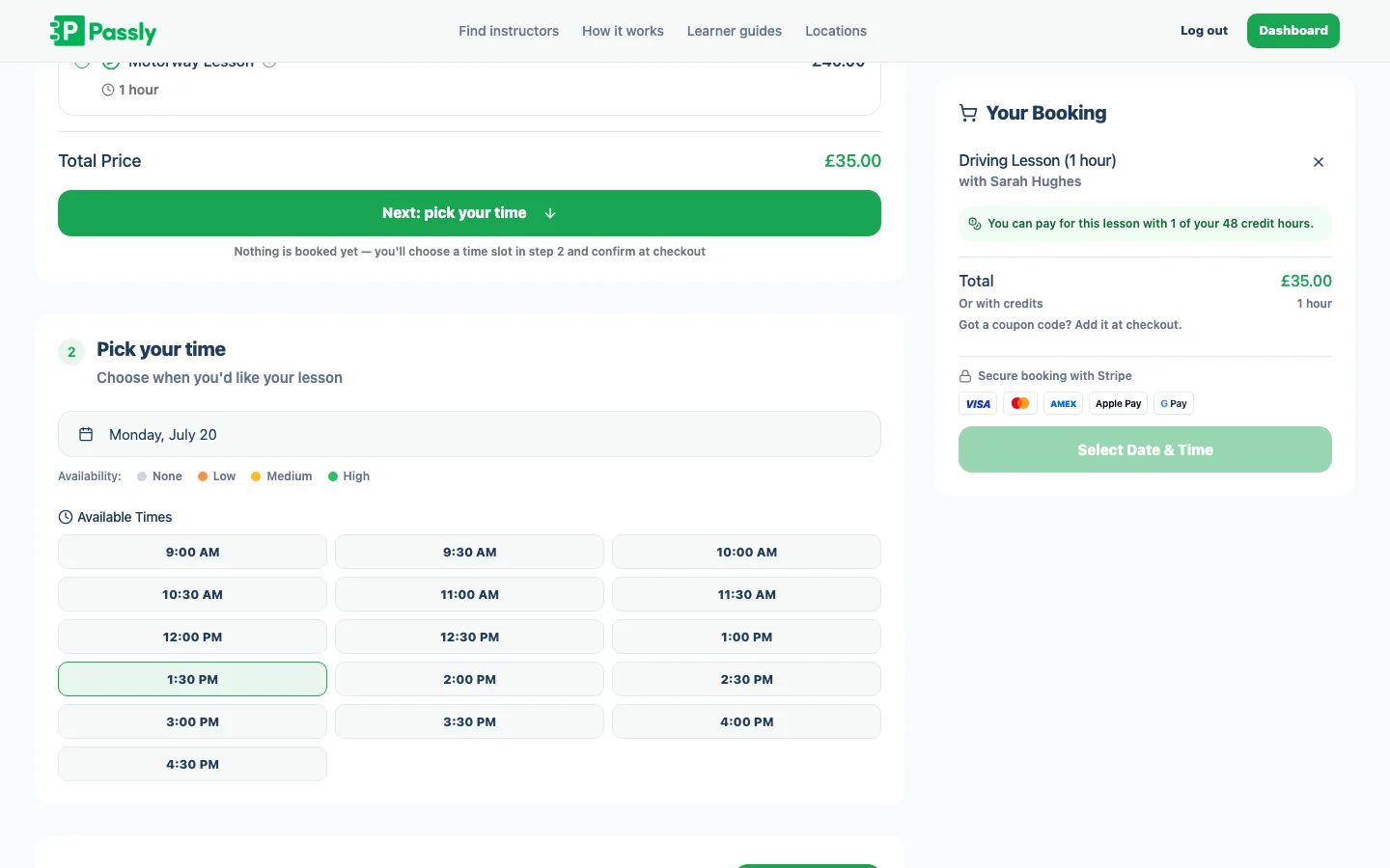 Booking screen showing available time slots for a pupil