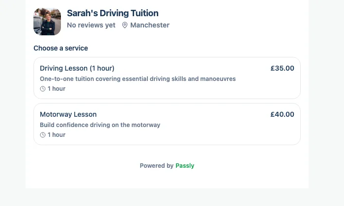 Booking widget embedded in an instructor's own website