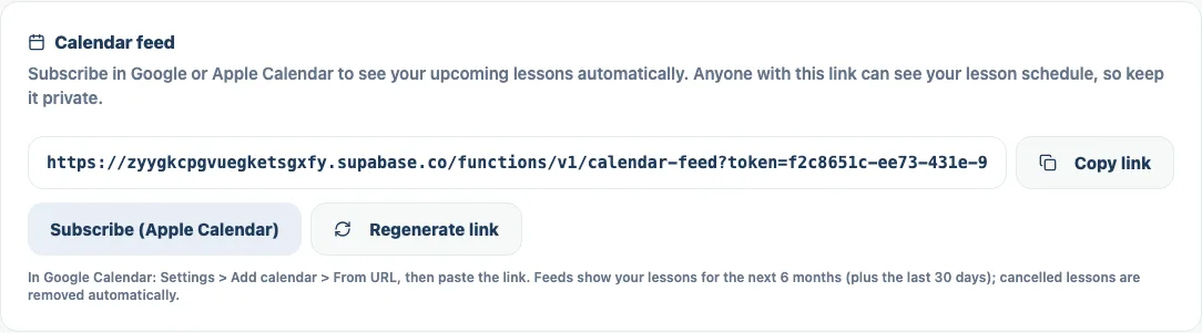 Calendar feed settings showing a subscribable feed link