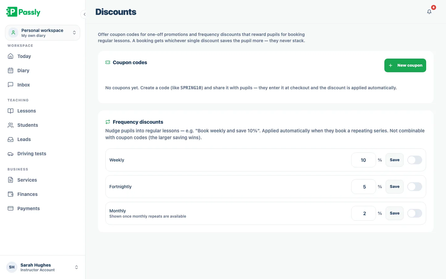 Coupon codes and frequency discount settings that reward pupils for booking regular lessons