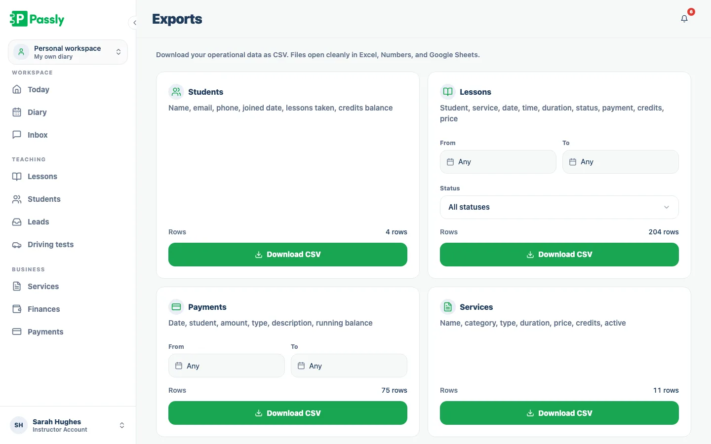 CSV export screen offering payments, lessons, pupils and services downloads