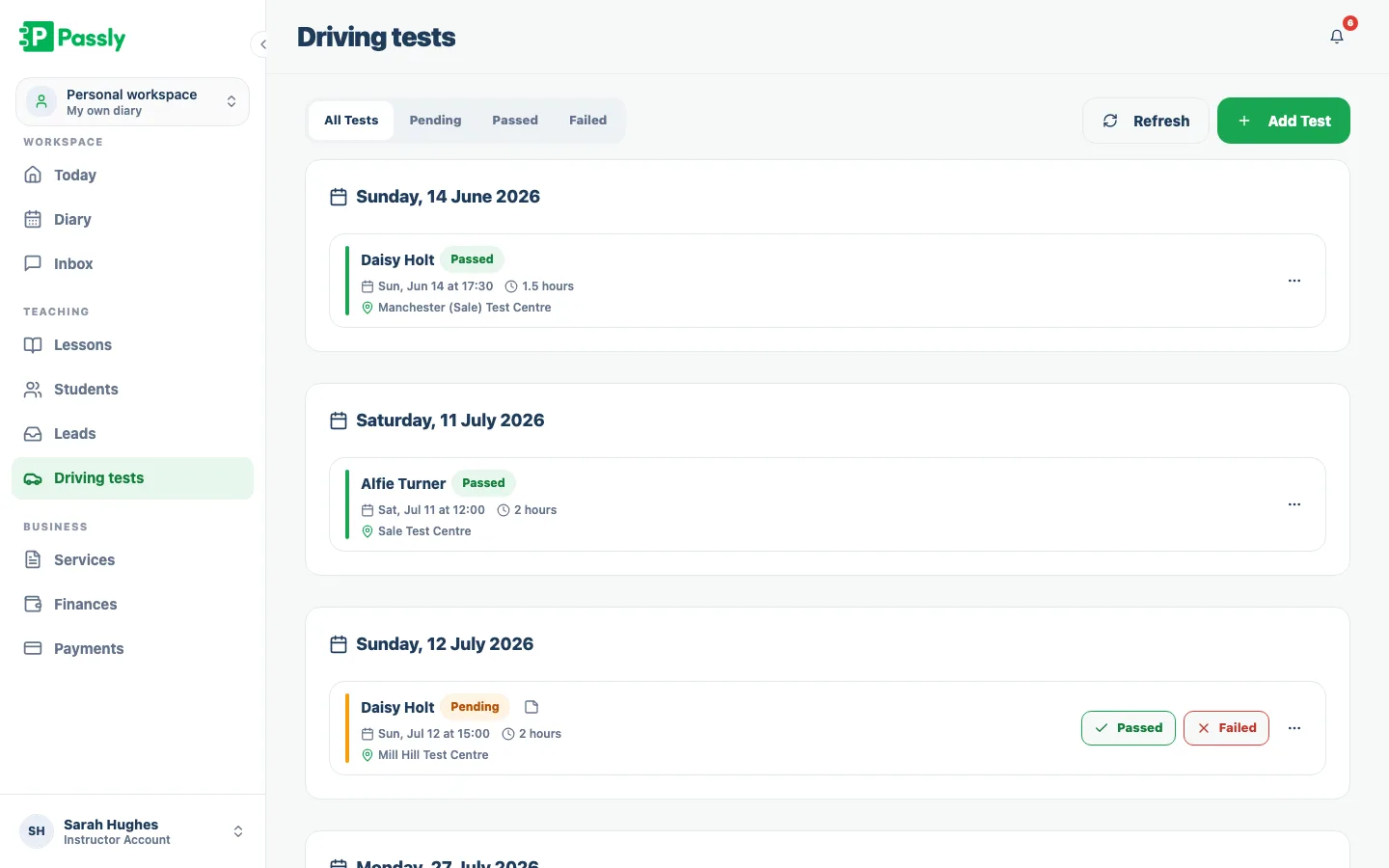 Driving test list showing dates, test centres and pass or fail results