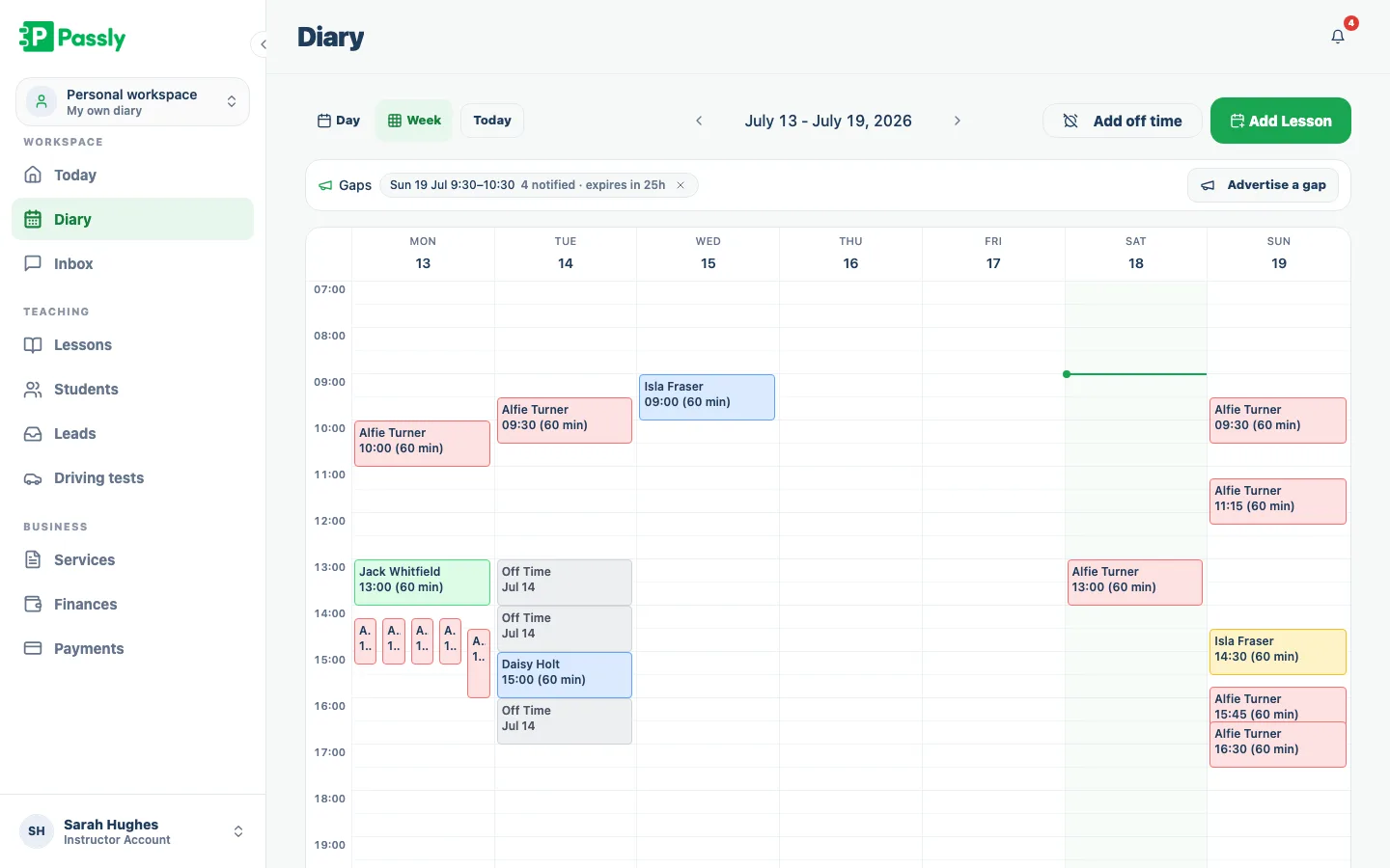 Passly weekly diary with a gaps banner showing an advertised slot, pupils notified and its expiry time