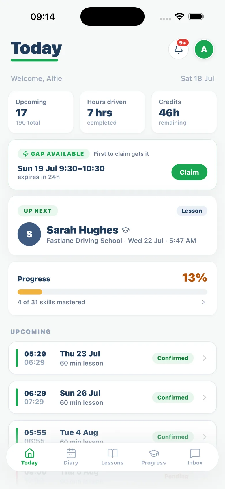 Pupil's Today screen in the Passly app showing a gap available card with a Claim button