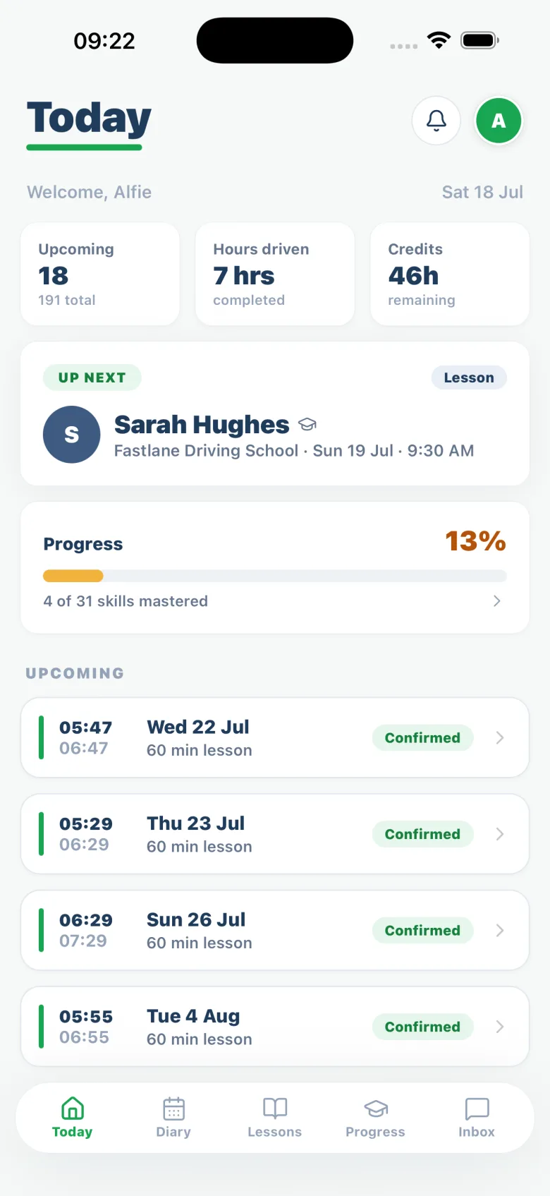 Pupil's Passly app showing the claimed gap confirmed as their next upcoming lesson