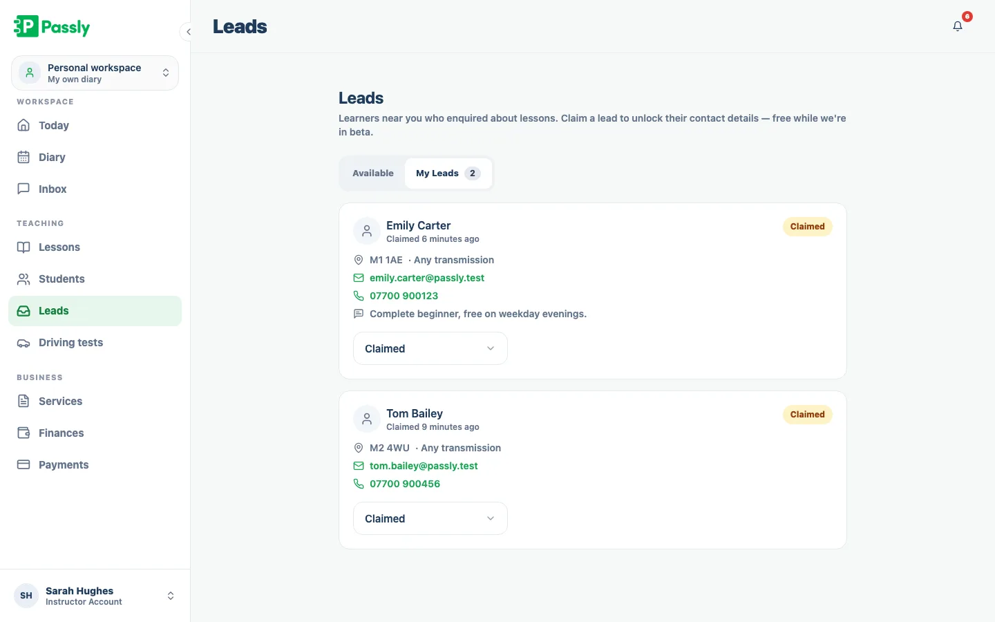Leads inbox showing claimed learner enquiries with unlocked contact details