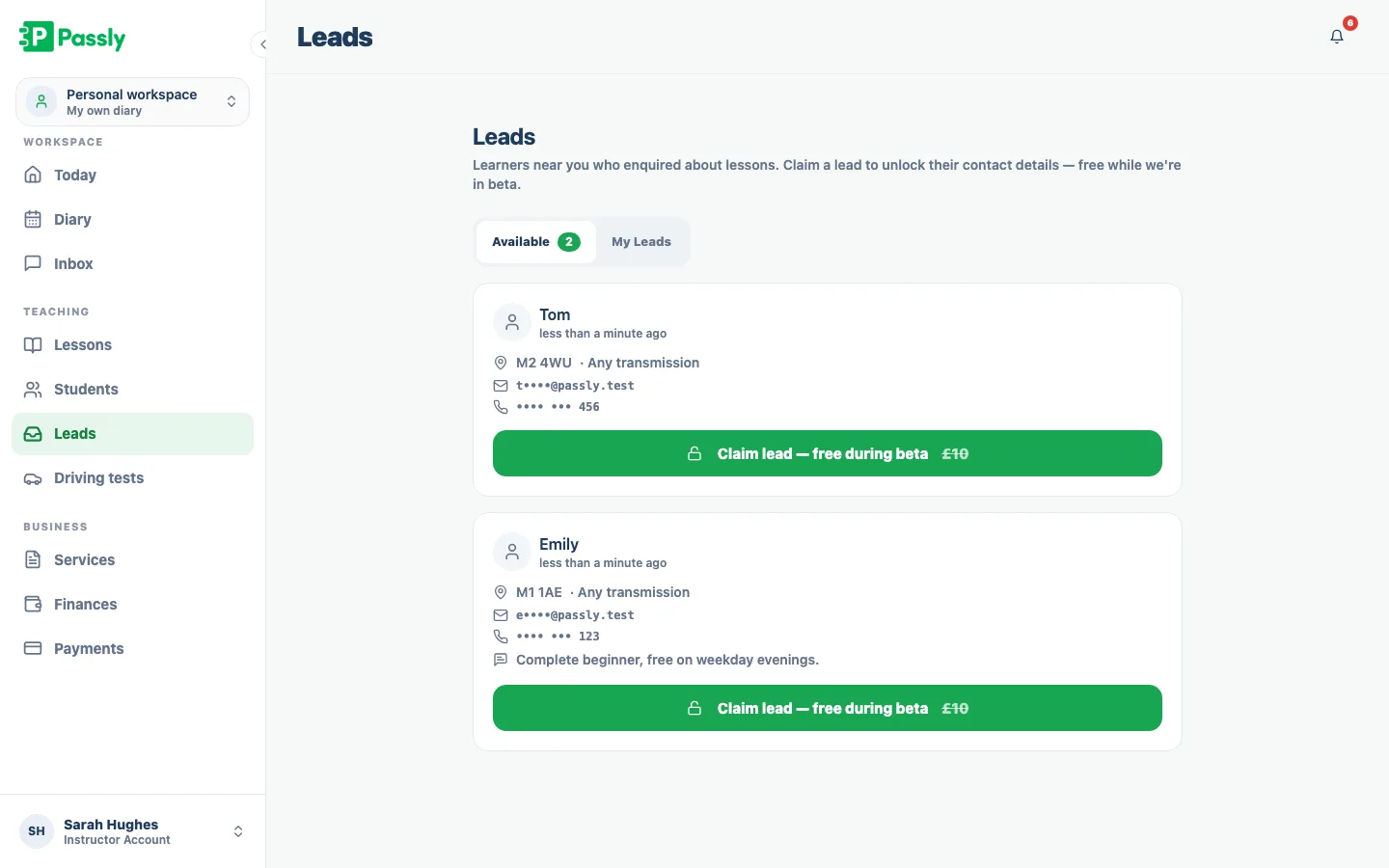 Passly leads inbox showing available learner enquiries and a My Leads pipeline