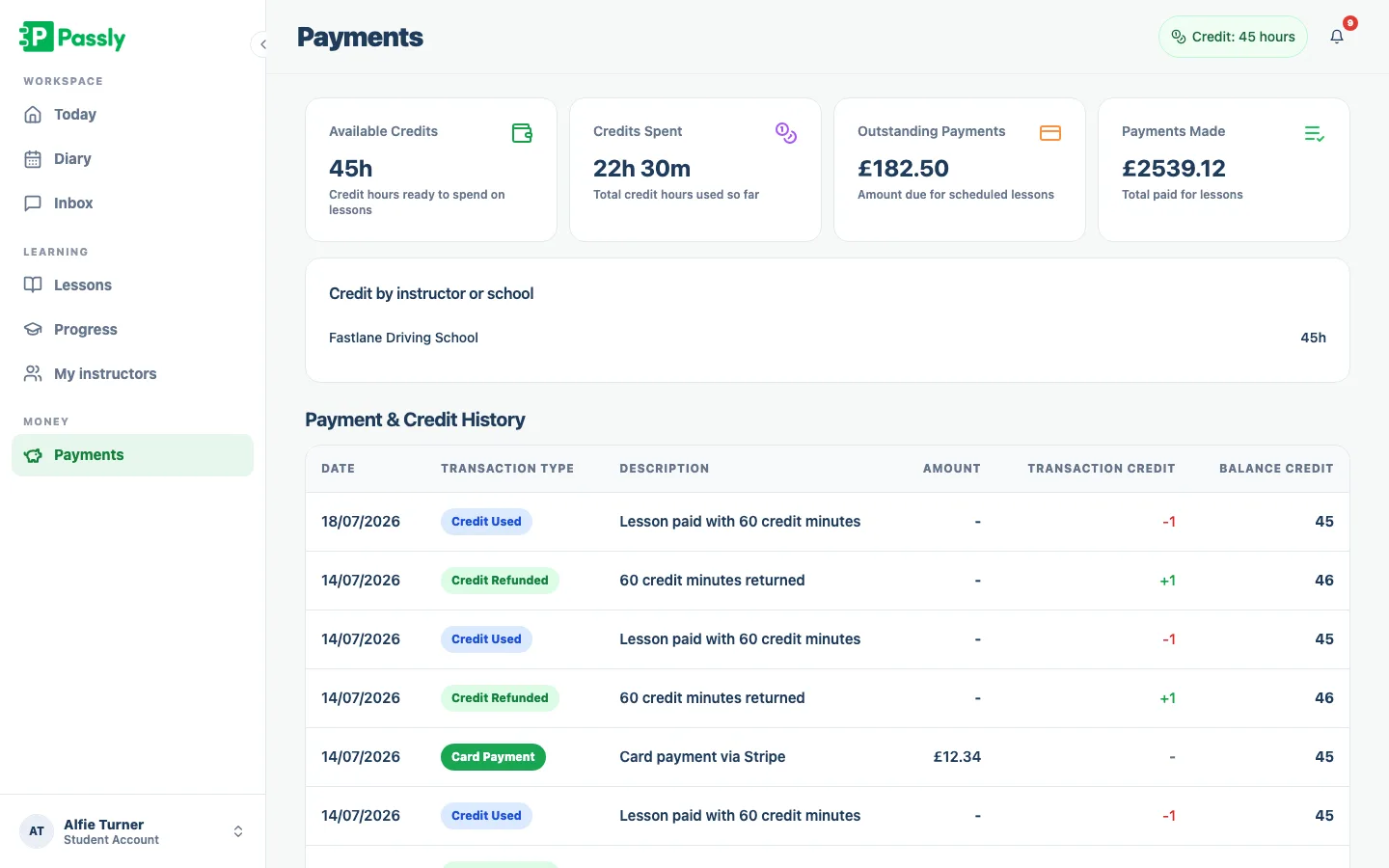 Pupil payments and credits screen showing paid, owed and remaining credit balance