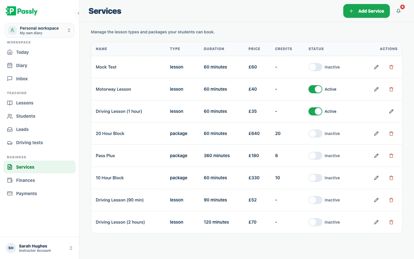 Services list showing lesson types with duration and price