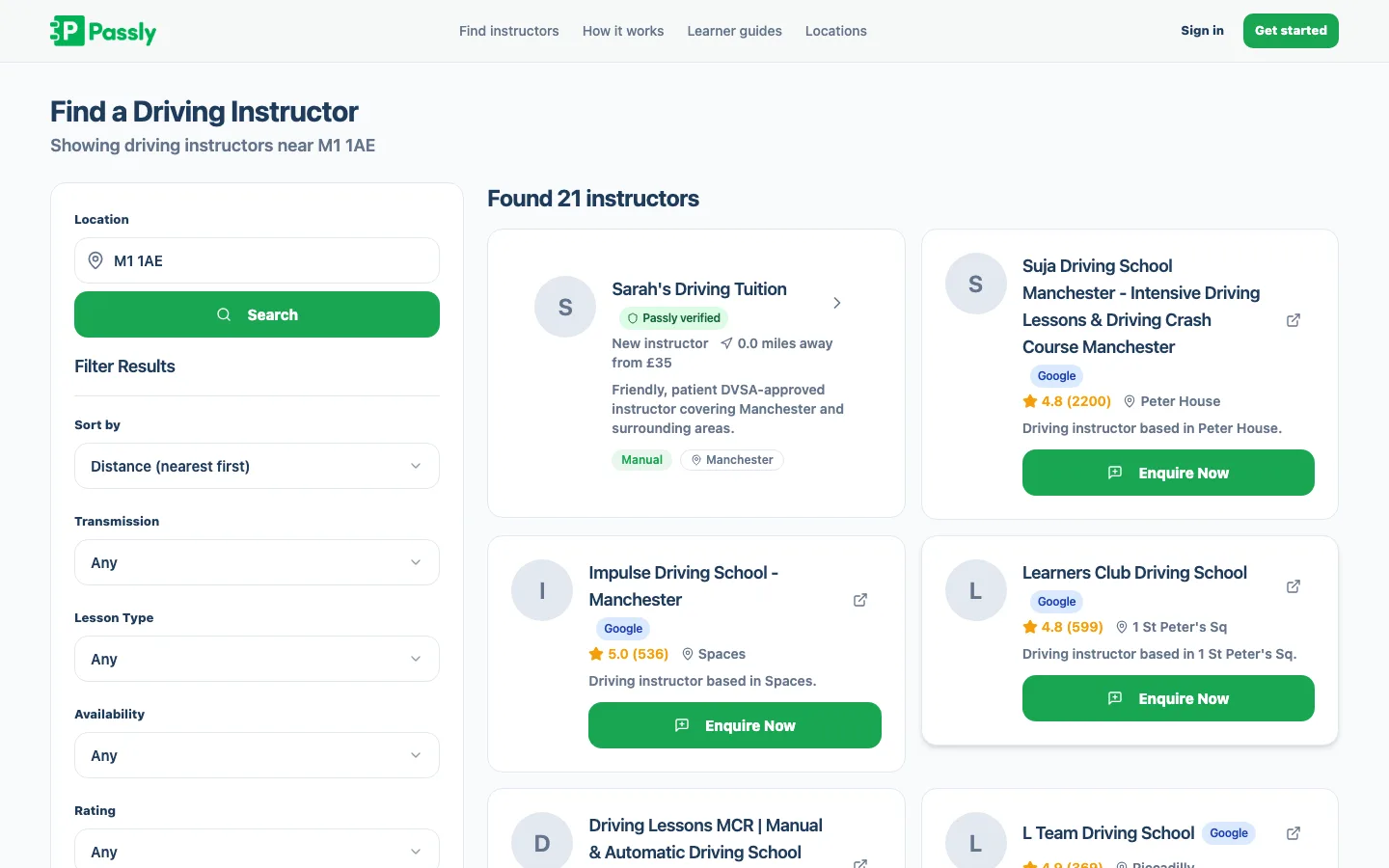 Passly find-an-instructor search results showing local instructors with ratings and prices