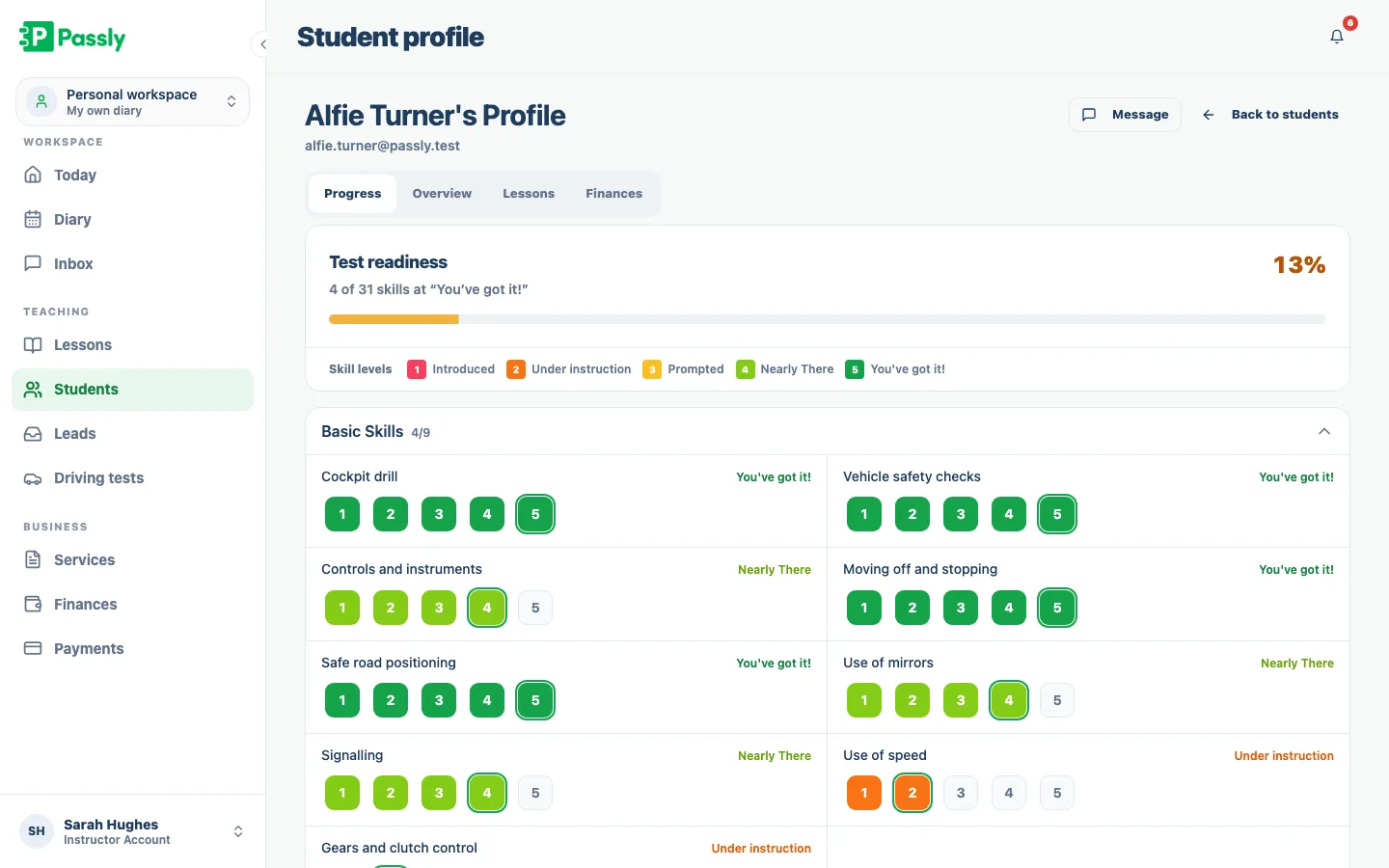 Instructor progress marking grid showing skills graded across five levels