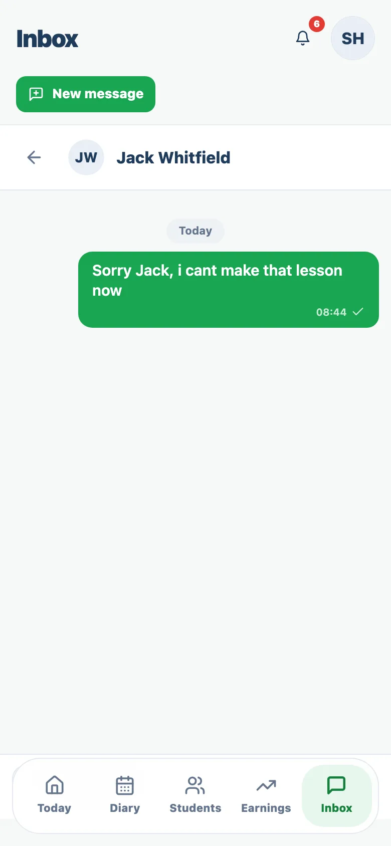 Passly pupil messaging thread open full screen on a mobile phone