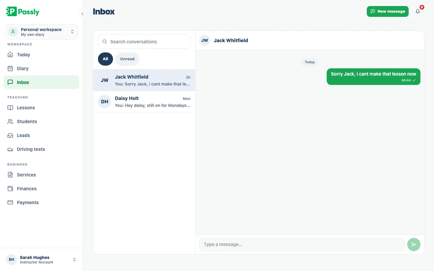 Passly messaging screen with a conversation list on the left and an open pupil thread on the right