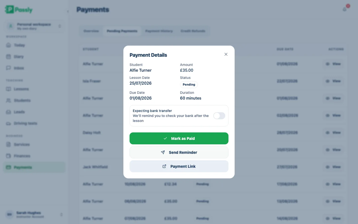 Payment details for a pupil showing an outstanding balance with mark as paid and send reminder actions