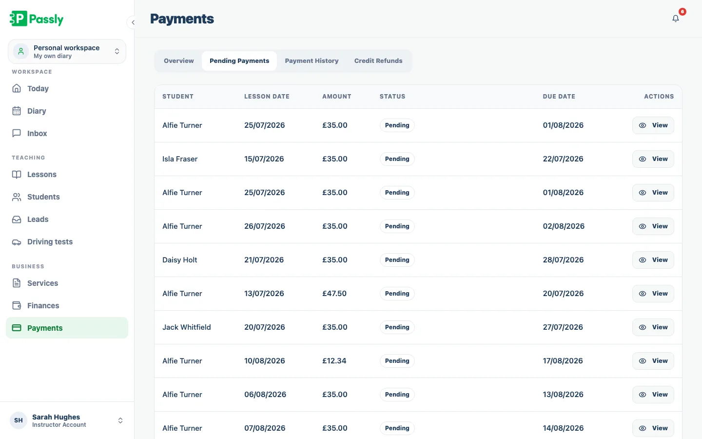 Pending payments table showing outstanding balances and a send reminder action
