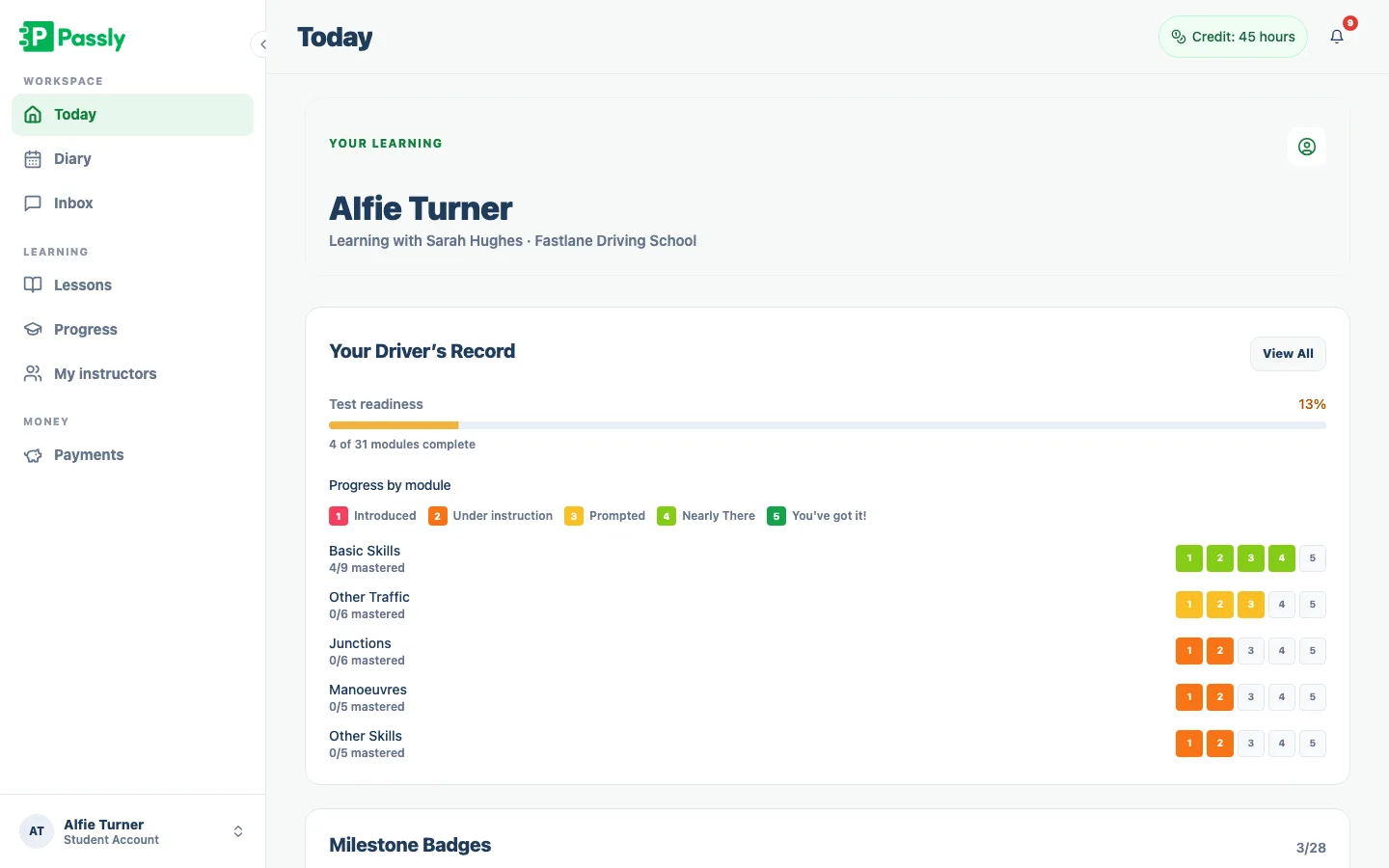 Learner dashboard showing total hours, next lessons, syllabus progress and total paid