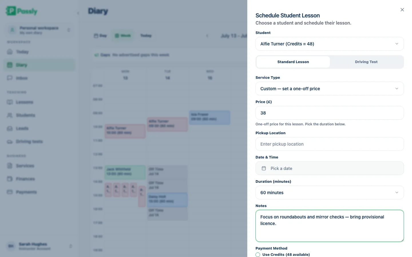 Scheduling a lesson with a custom one-off price and lesson notes for a pupil