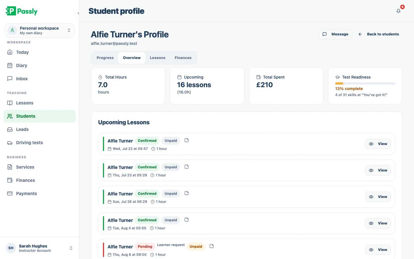 A single pupil's CRM record showing details, history and notes