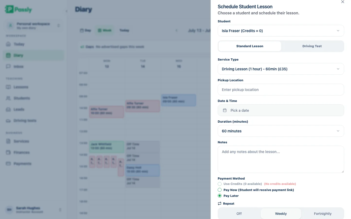 Recurring lesson dialog showing a weekly repeating slot