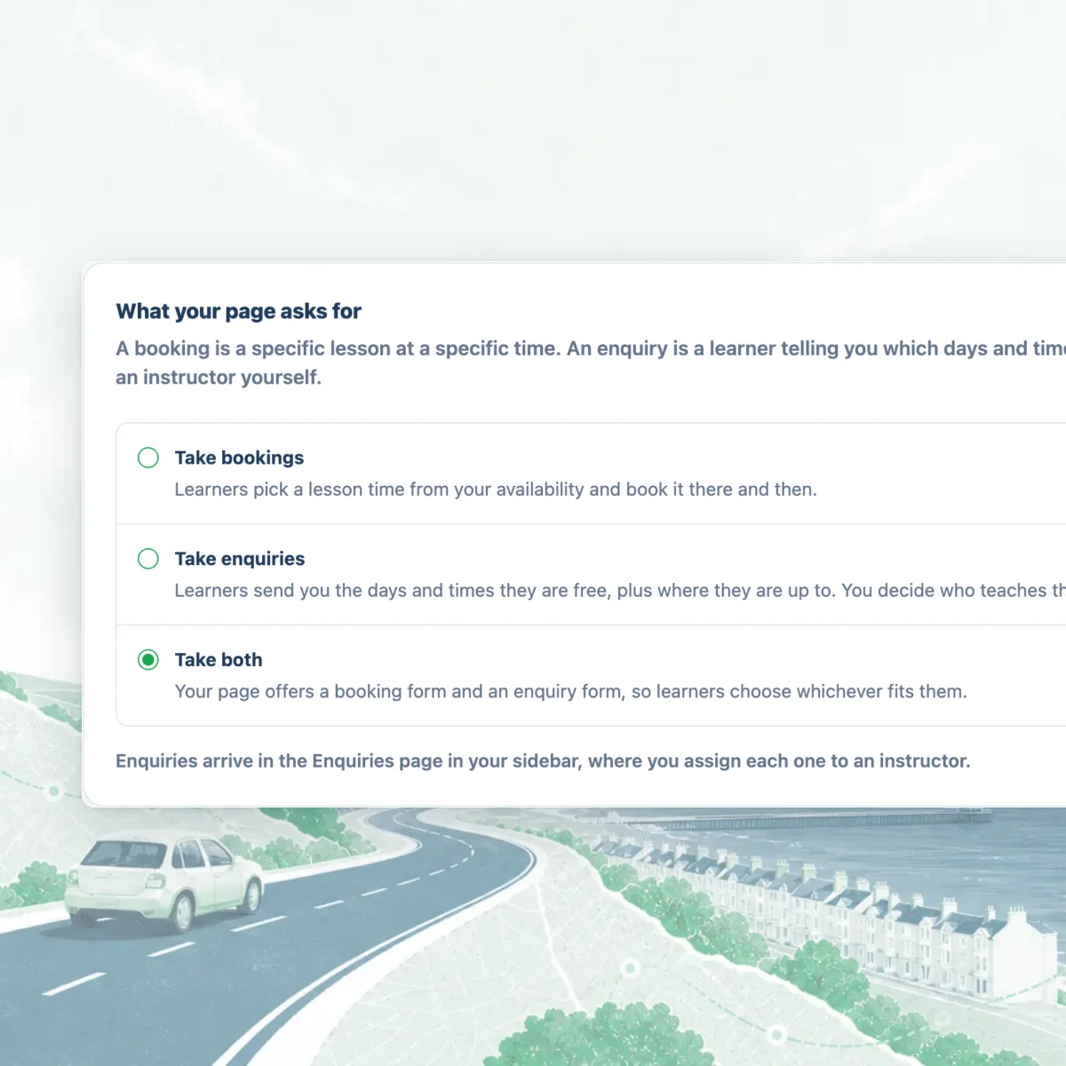 School settings showing the three modes: take bookings, take enquiries, or take both