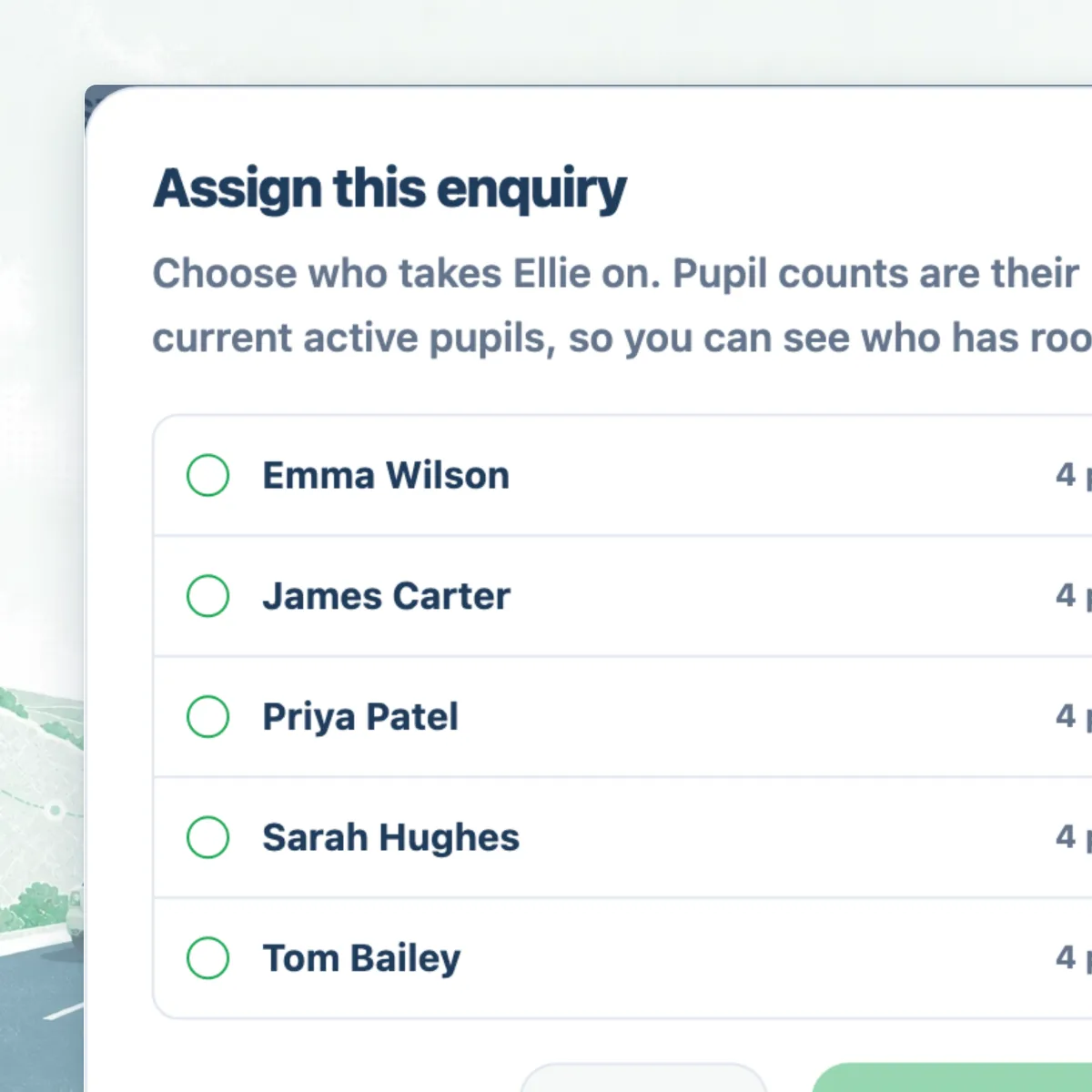 Assigning an enquiry, with each instructor's current pupil count shown so you can see who has room