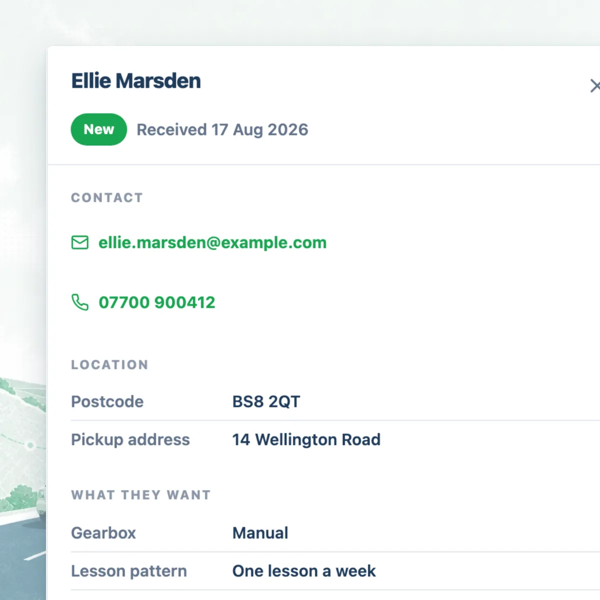 An enquiry showing the learner's contact details, postcode and the hours they are free each day