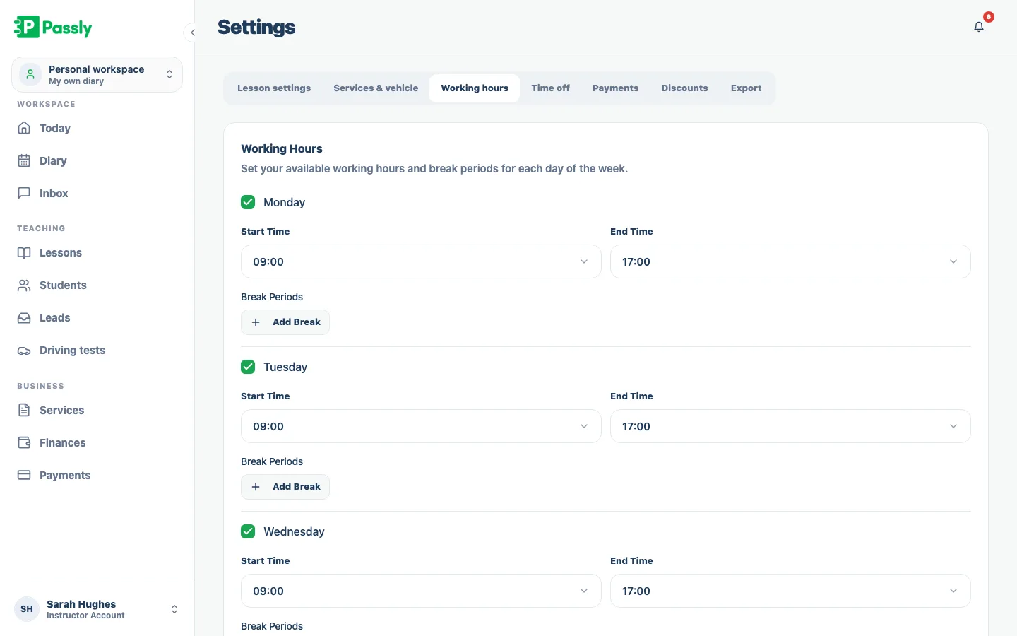 Weekly working-hours settings with per-day start and finish times