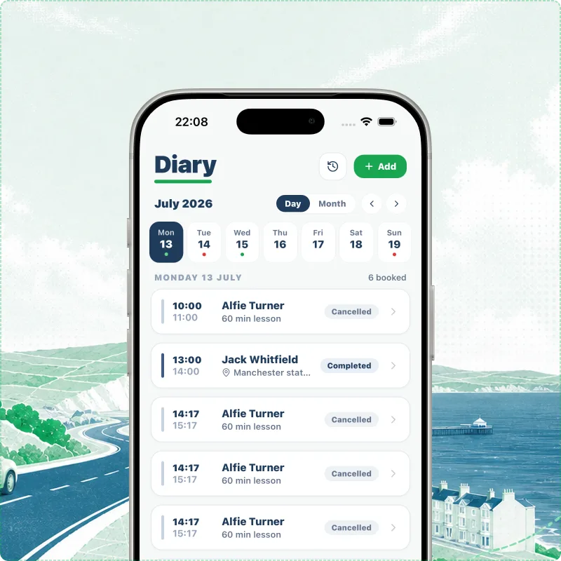 Driving instructor's weekly diary in Passly on a phone