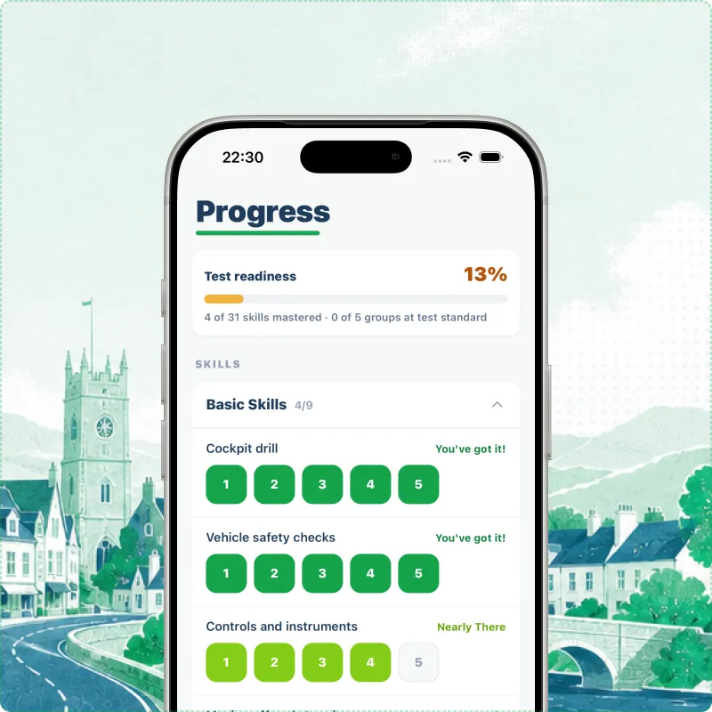Passly learner Progress screen showing DVSA skills and test readiness