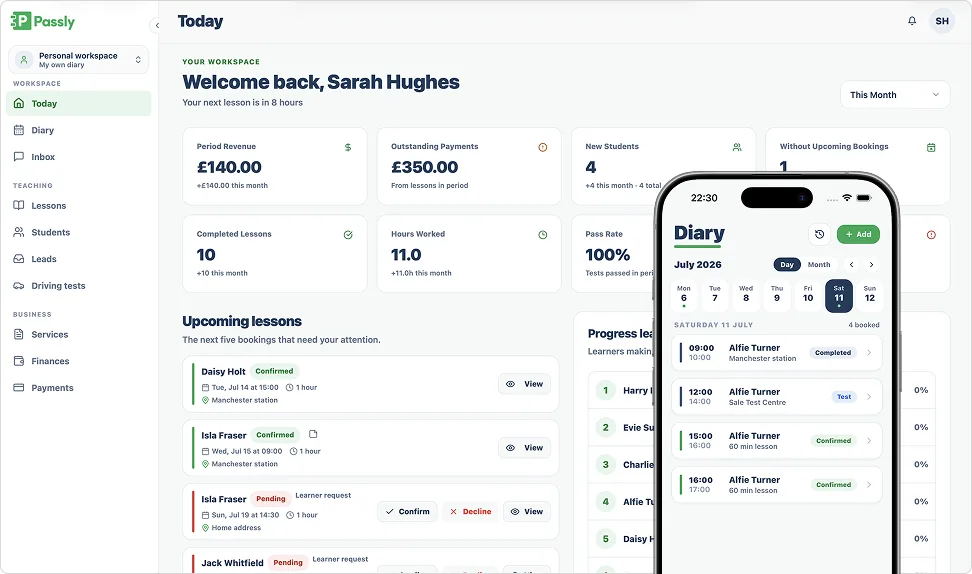 Passly instructor dashboard and mobile lesson diary